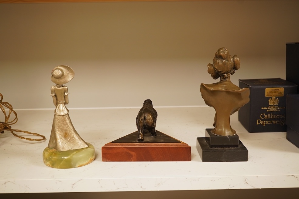 A bronzed rhino, a similar Art Nouveau style lady, and another, largest 19cm high